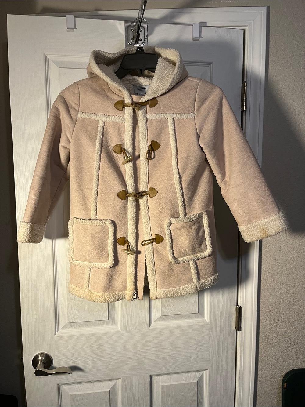 Old Navy Cream Hooded Pea Coat with Faux Shearling Trim